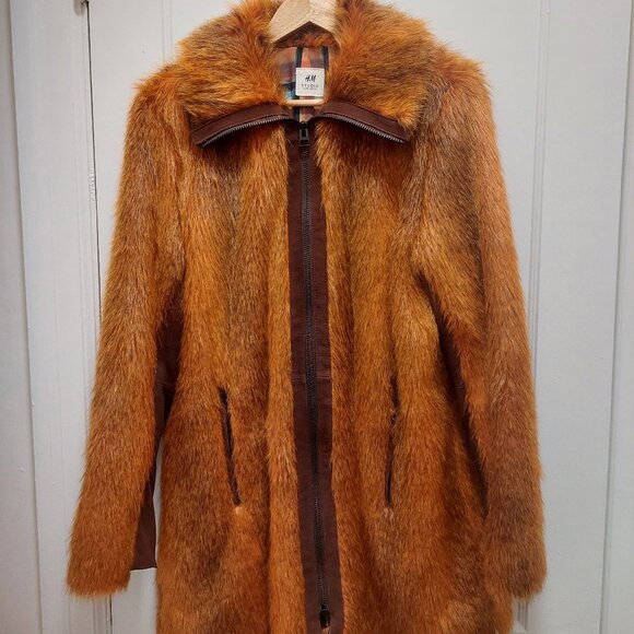 Stunning Rare H&M Studio Coll. Limited Etd Burnt Orange Faux Fur Coat EUC Sz 12 - Picture 1 of 8